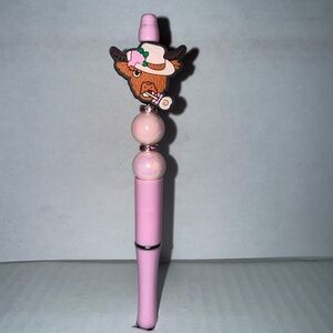 Handmade Beaded Pen- Highland Cow in cowboy hat with marble resin beads